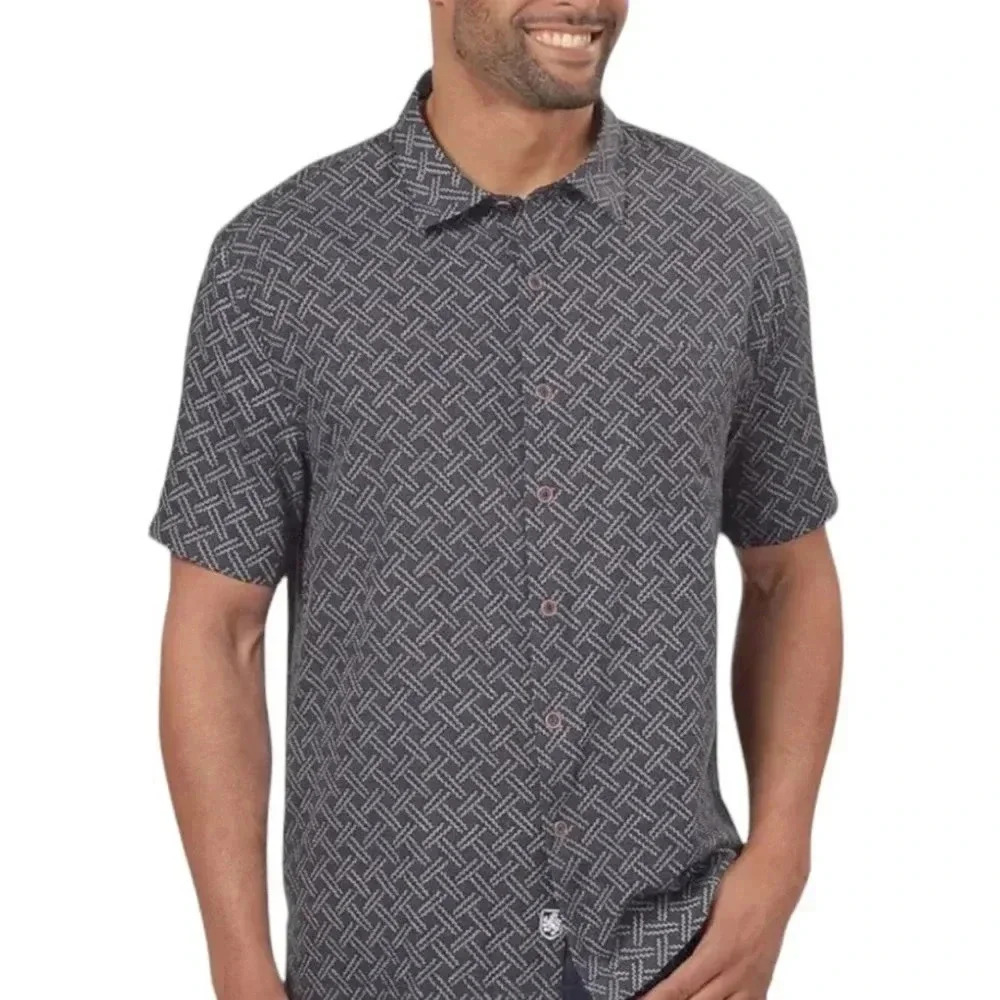 Nat Nast Silk Blend Basketweave Dark Blue Short Sleeve Button Down Shirt Mens XL